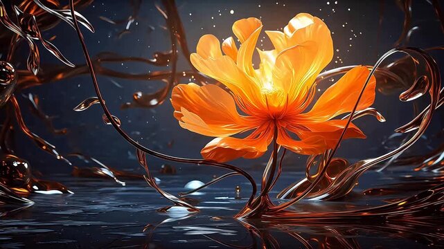 Digital technology glass golden flowers fantasy scene abstract background