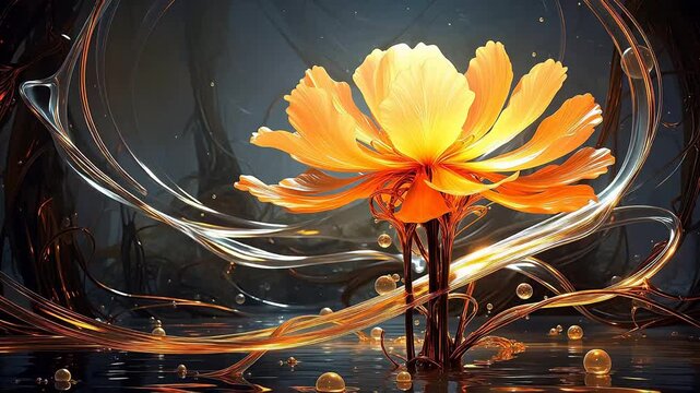 Digital technology glass golden flowers fantasy scene abstract background