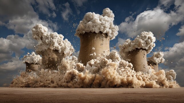 Multiple massive industrial structures collapse amid explosive dust and debris against a dramatic sky