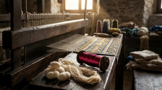 Traditional weaving loom with silk cocoons and thread in workshop