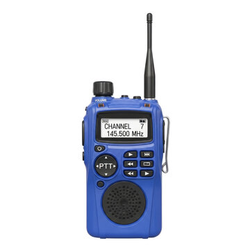 A blue handheld two-way radio transceiver with antenna on a white background.