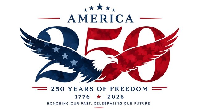 America 250th Anniversary Logo with Stylized Bald Eagle, Graphic Vector Art Style, United States Patriotism and Freedom Theme, Watercolor texture within number and eagle 
