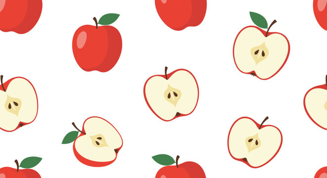 Seamless pattern of whole red apples and apple halves with green leaves and black seeds on a white background.