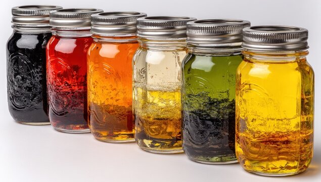 Row of glass jars containing liquids of varying colors sits on a white surface.