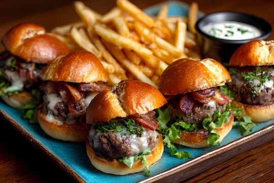 Gourmet Mini Burgers and Crispy French Fries Platter on Rustic Blue Tray