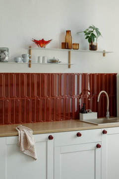 Modern Kitchen Interior with Red Tile Backsplash and Stylish Decor on Shelves, Neutral Colors
