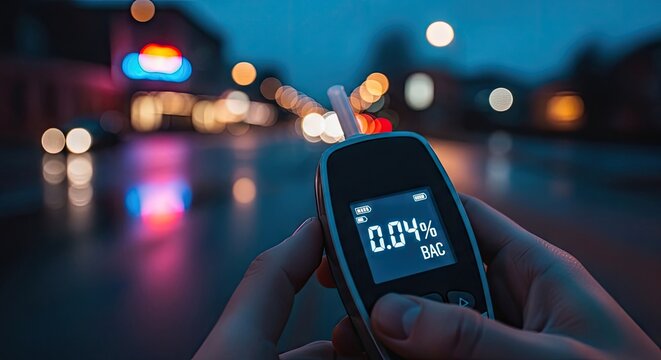 Person holding breathalyzer displaying bac level at night with city lights