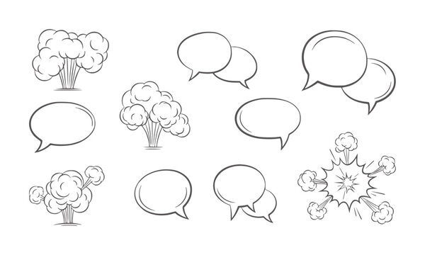 Collection of comic book style speech bubbles and explosion sound