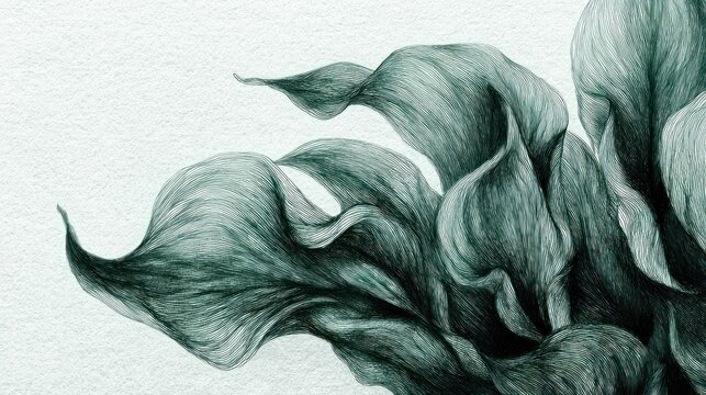 Detailed graphite drawing depicts lush, swirling botanical forms against a bright background