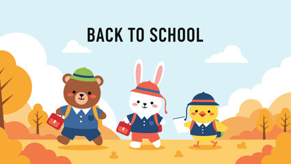 Fototapeta premium Adorable bear, rabbit, and chick characters wearing uniforms and carrying backpacks for a back to school theme.