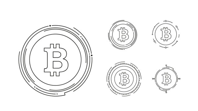 Set of different bitcoin logos and cryptocurrency icons in black line art style for financial and tech designs.