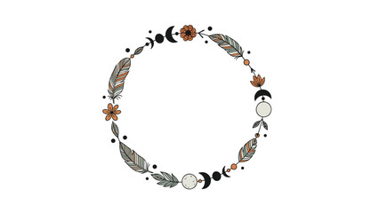 Fototapeta premium Beautiful bohemian style circular wreath featuring delicate feathers moon phases and floral elements rendered in earthy tones.