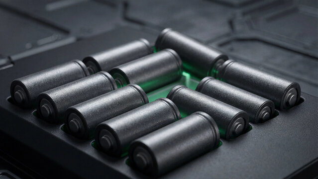 Lithium ion battery cells in module with green glow on dark background for energy storage technology banner and poster