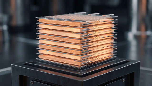 Hydrogen fuel cell stack with copper bipolar plates on dark base for clean energy technology banner and poster background