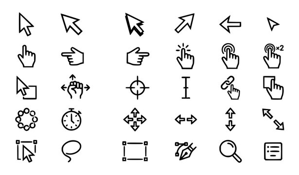 Computer Mouse Cursor and Clicking Hand Outline Vector Icon Set