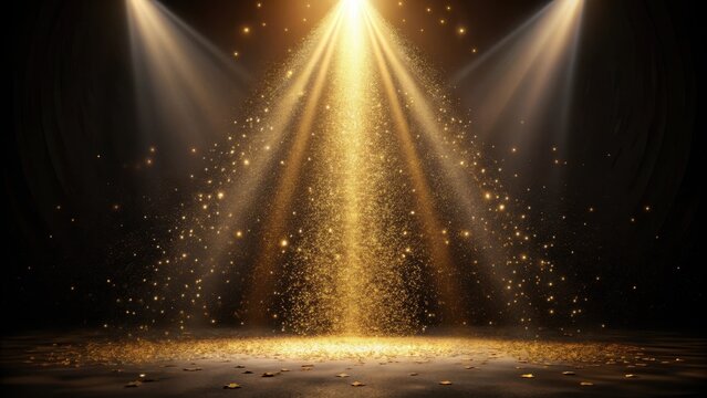 Spotlight on dark stage with golden glitter falling from above