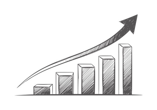 Hand drawn bar chart with upward trending arrow graph