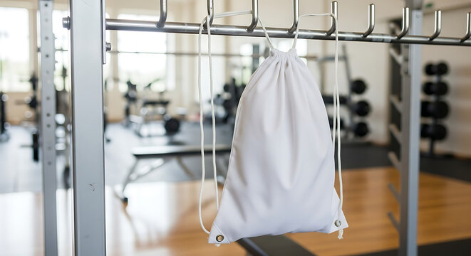 White drawstring gym bag hanging on a metal equipment rack