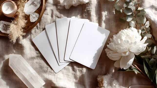Flat lay aerial view of white tarot cards with pink roses on marble surface minimalist composition
