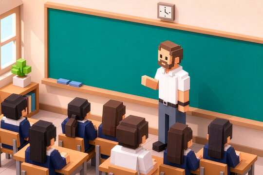 Voxel Art Classroom Scene with Teacher and Students