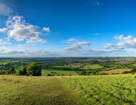 a panoramic view of the berkshire countryside as seem from nuntide hill in reading uk blue sky and green fields