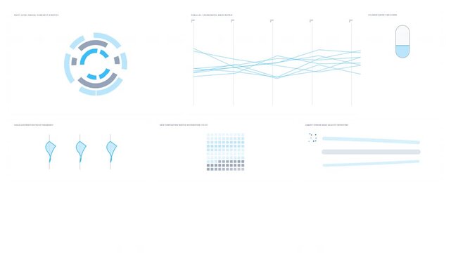Dynamic motion showcasing futuristic digital interfaces with graphs charts and data visualization elements in a sleek modern style.