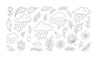 Obraz premium Hand drawn doodle of rain clouds leaves and flowers leaf branch