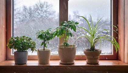 Fototapeta premium houseplants thrive on a windowsill with falling snow outside bringing life indoors