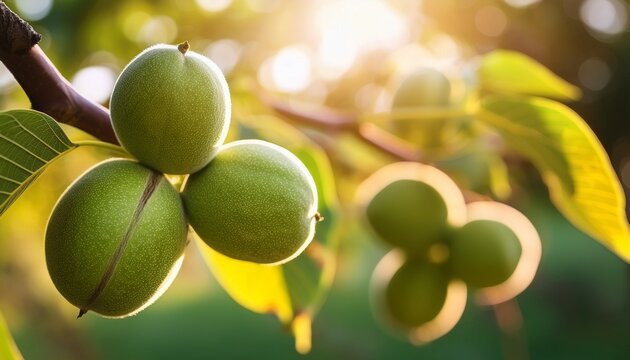 gros plan de noix vertes en croissance sur une branche de noyer dans un verger ensoleille avec effet de lumiere bokeh