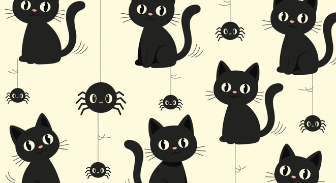Halloween seamless pattern with cute black cats and smiling spiders hanging from webs on a light beige background for festive decorations.