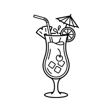 Black and white line art illustration of a tropical cocktail drink.