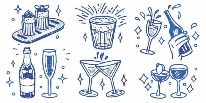 Blue Sketch Collection Of Cocktails And Wine Glasses Hand Drawn Style