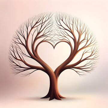A stylized tree with intertwined trunks forming a heart-shaped negative space, evoking love, unity, growth and family bonds that suggests romance, healing and natural connection