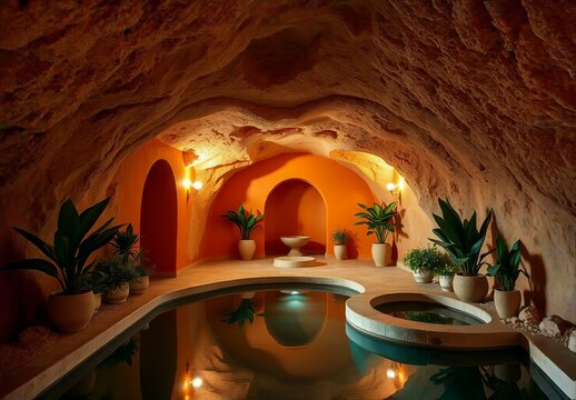 Luxury indoor swimming pool inside a Mediterranean style sandstone cave resort.