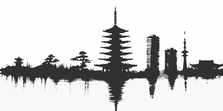 japanese skyline silhouette in black ink wash