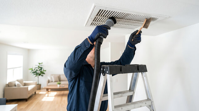 Professional technician standing on a stepladder cleaning a dusty ceiling air ventilation register vent using a vacuum hose brush attachment and a handheld bristles brush