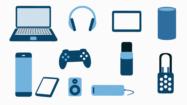 Flat vector technology elements set including laptop headphones tablet and mobile devices on white background
