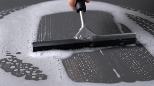 A squeegee cleaning a gray surface covered with foamy bubbles, detail shot