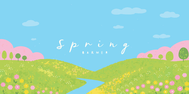 Floral ornament with spring text and rolling hills illustration