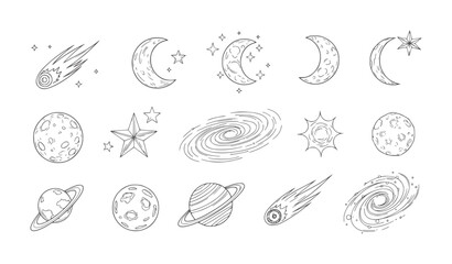 Hand drawn space comets moons planets stars galaxies sun cosmos galaxy nebula © Ali