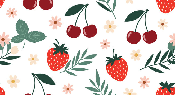 Fresh fruit pattern with strawberries and cherries mixed with green leaves and flowers on white background for kitchen decor.