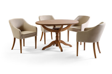 Fototapeta premium Premium oval wooden dining table with a dark tinted glass top insert, surrounded by five mid-century wooden chairs with mint blue cushions, isolated on a white background.