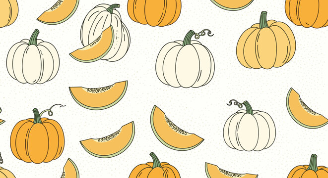 Autumn harvest pattern with pumpkins and melon slices for thanksgiving, seasonal backgrounds, and kitchen decor themes.