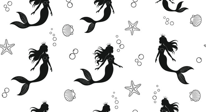 Mermaid silhouette pattern with sea shells, starfish, and bubbles for mythical ocean themed backgrounds and nursery decor.