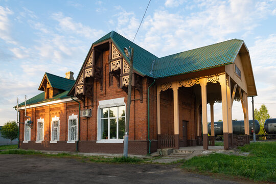 The old railway station building (1898) on the Lom station on a May morning. Yaroslavl region, Russia