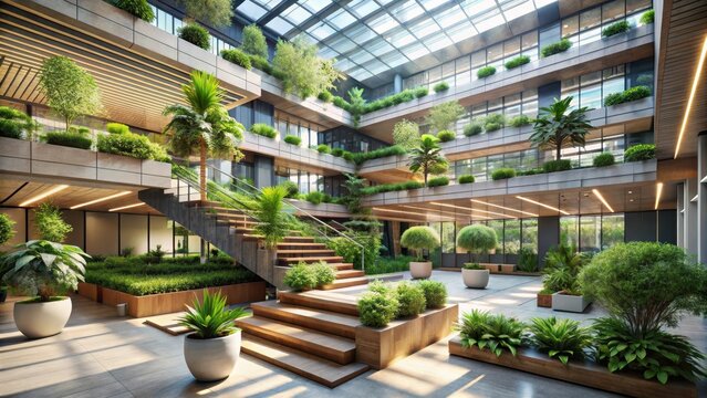 Modern building interior with tiered planters and lush greenery