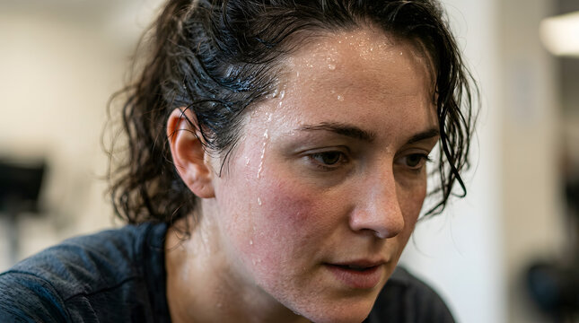 Young woman sweating intensely during workout in natural indoor lighting close-up portrait. Generated AI image