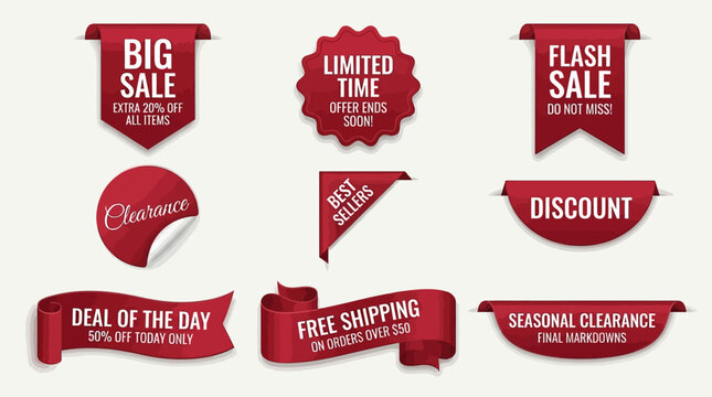 Collection of red discount tags, sale banners, and clearance labels for marketing promotions, offering limited time deals and free shipping to attract customers