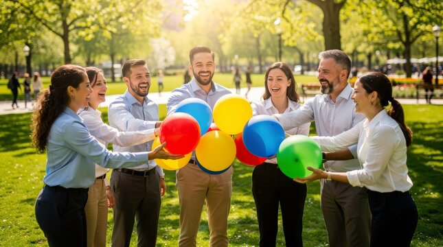 Diverse group of smiling people enjoying colorful balloons outdoors