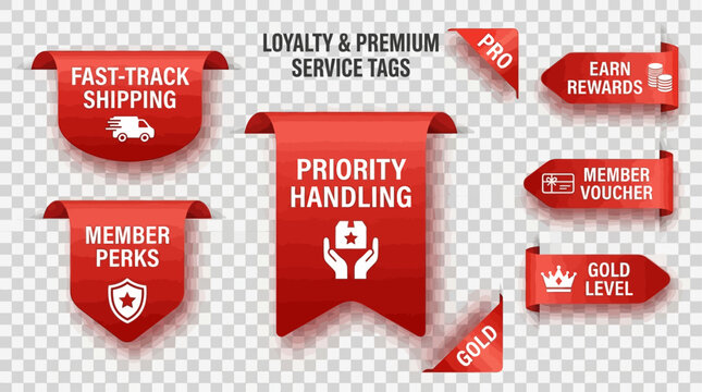 Collection of premium service tags including fast shipping, priority handling, member perks, pro rewards, member voucher, and gold level